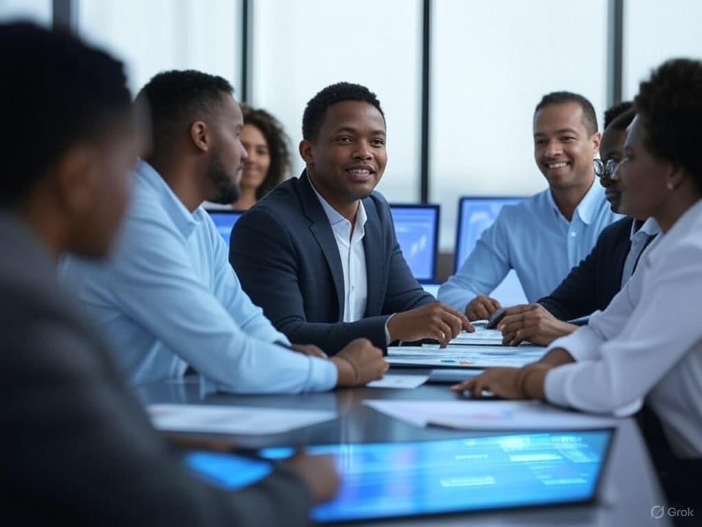 Business professionals collaborating on strategic solutions